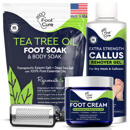 FOOT CURE Exfoliator & Callus Remover Pedicure Set – Care Kit Includes File for Dead Skin, Tea Tree Oil Soak Salts, Urea Cream 40 Percent Removal Gel Made in USA, 4 Piece - dailyvitalstore