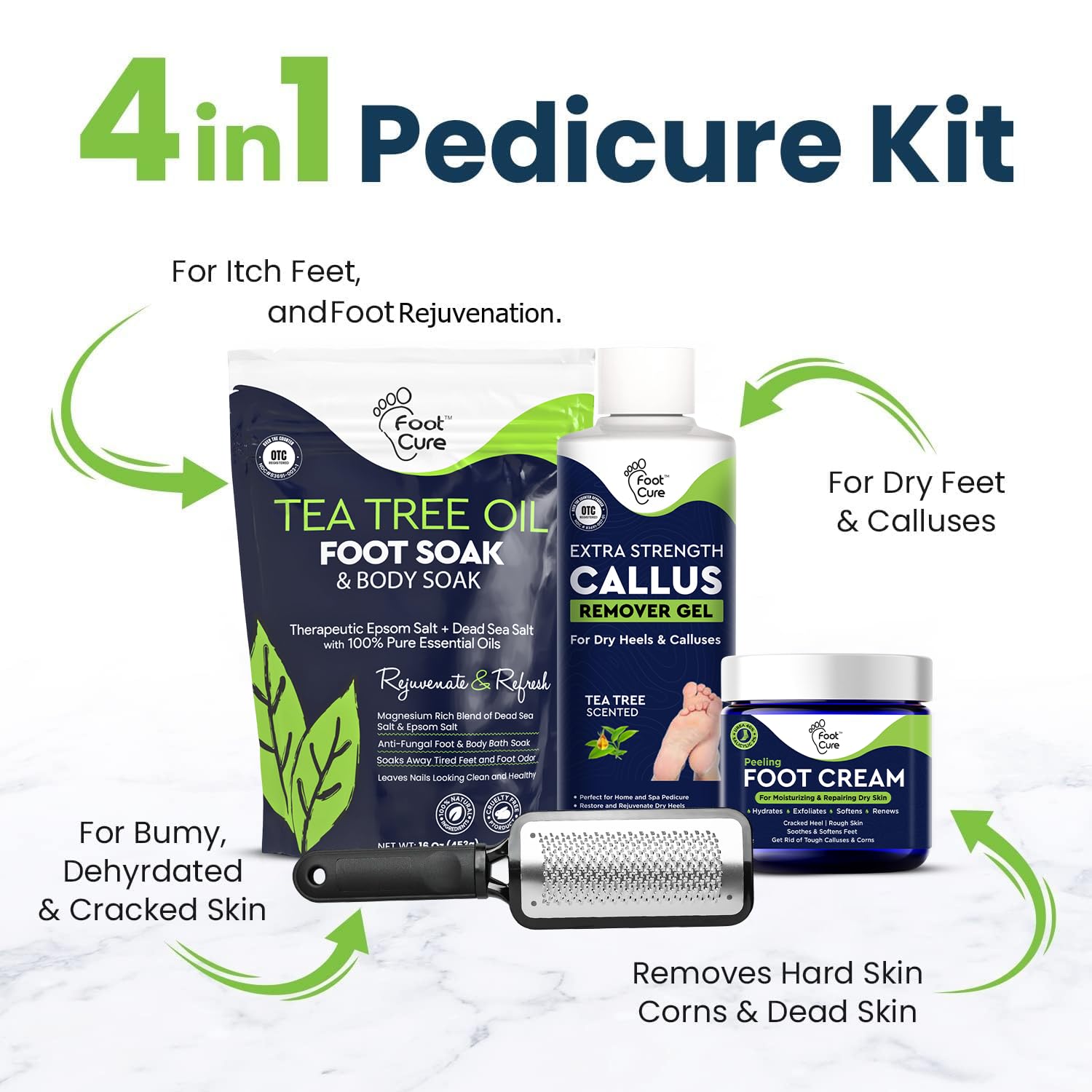 FOOT CURE Exfoliator & Callus Remover Pedicure Set – Care Kit Includes File for Dead Skin, Tea Tree Oil Soak Salts, Urea Cream 40 Percent Removal Gel Made in USA, 4 Piece - dailyvitalstore