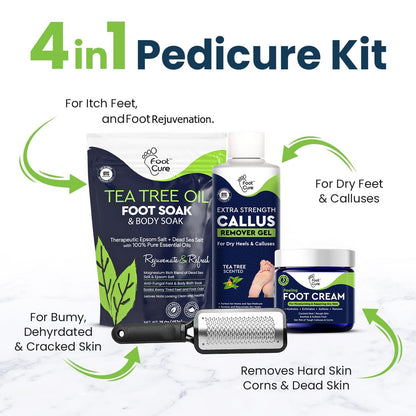 FOOT CURE Exfoliator & Callus Remover Pedicure Set – Care Kit Includes File for Dead Skin, Tea Tree Oil Soak Salts, Urea Cream 40 Percent Removal Gel Made in USA, 4 Piece - dailyvitalstore