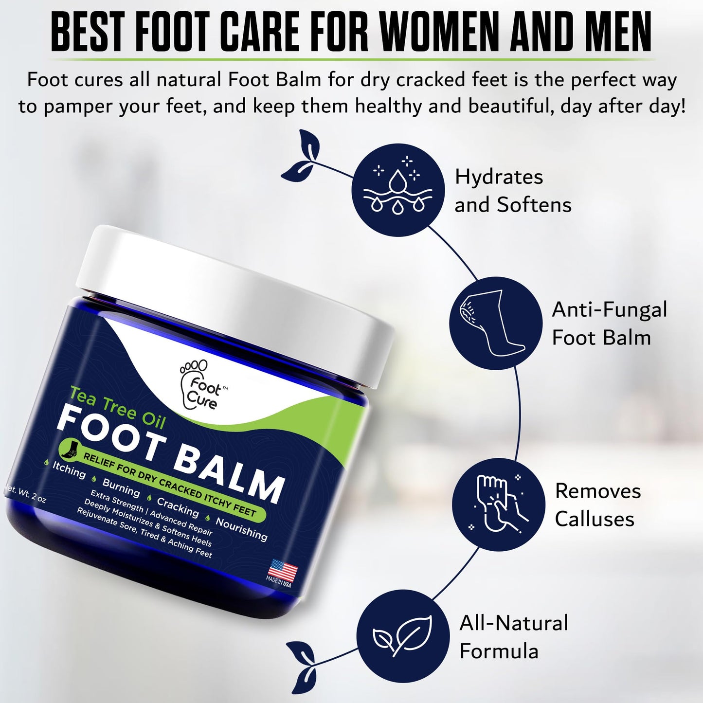 FOOT CURE Tea Tree Oil Balm – Moisturizer for Dry Cracked Feet – Instantly Hydrates & Soothes Irritated Skin & Athlete's Foot – Best Foot Care for Women and Men (Pack of 2) - dailyvitalstore