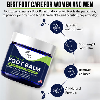 FOOT CURE Tea Tree Oil Balm – Moisturizer for Dry Cracked Feet – Instantly Hydrates & Soothes Irritated Skin & Athlete's Foot – Best Foot Care for Women and Men (Pack of 2) - dailyvitalstore