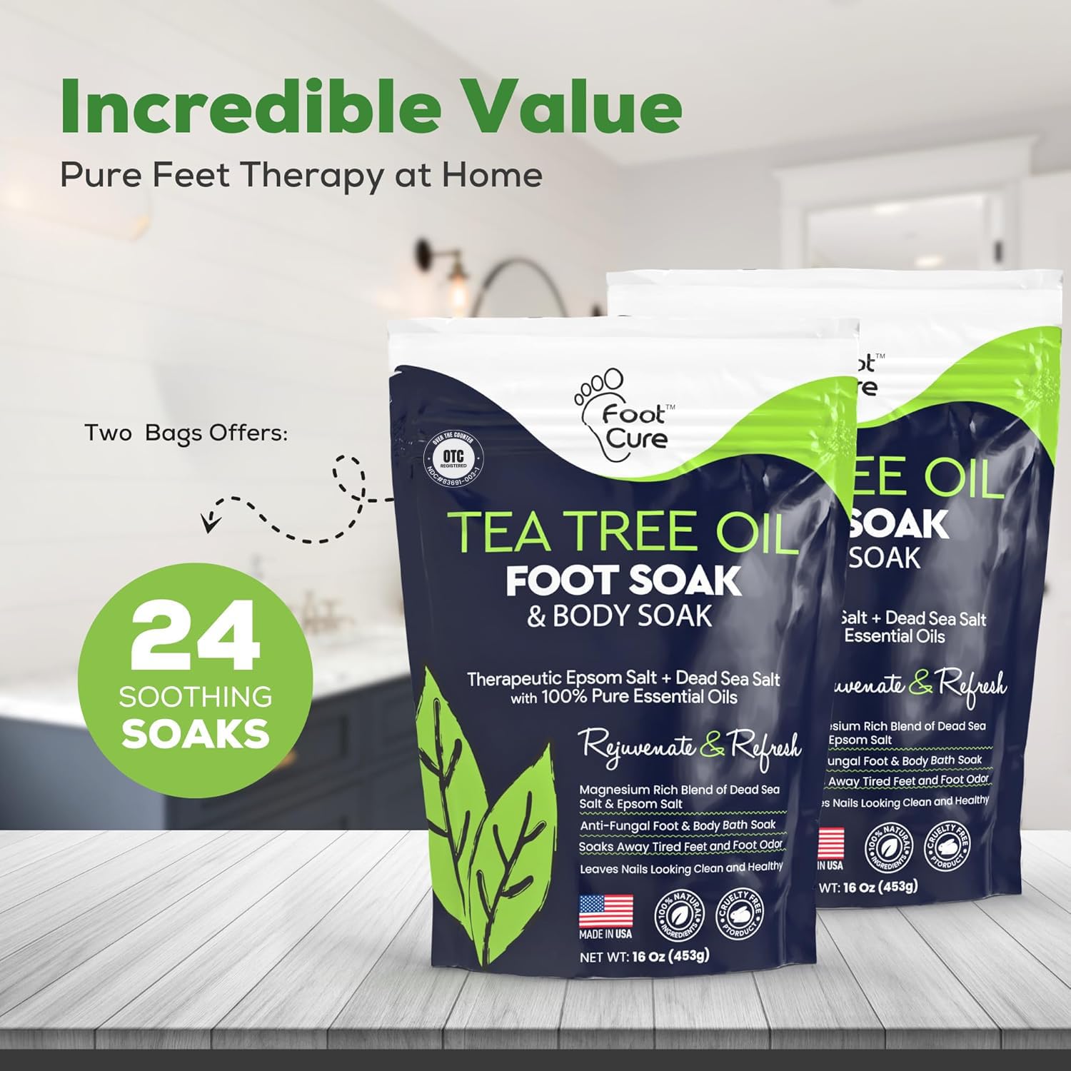 FOOT CURE Tea Tree Oil Foot Soak with Epsom Salt - Best Toenail Fungus Treatment, Athletes Foot & Softens Calluses - Soothes Sore & Tired Feet, Fungal Toe, Foot Odor Scent, Spa Pedicure (Pack of 2) - dailyvitalstore