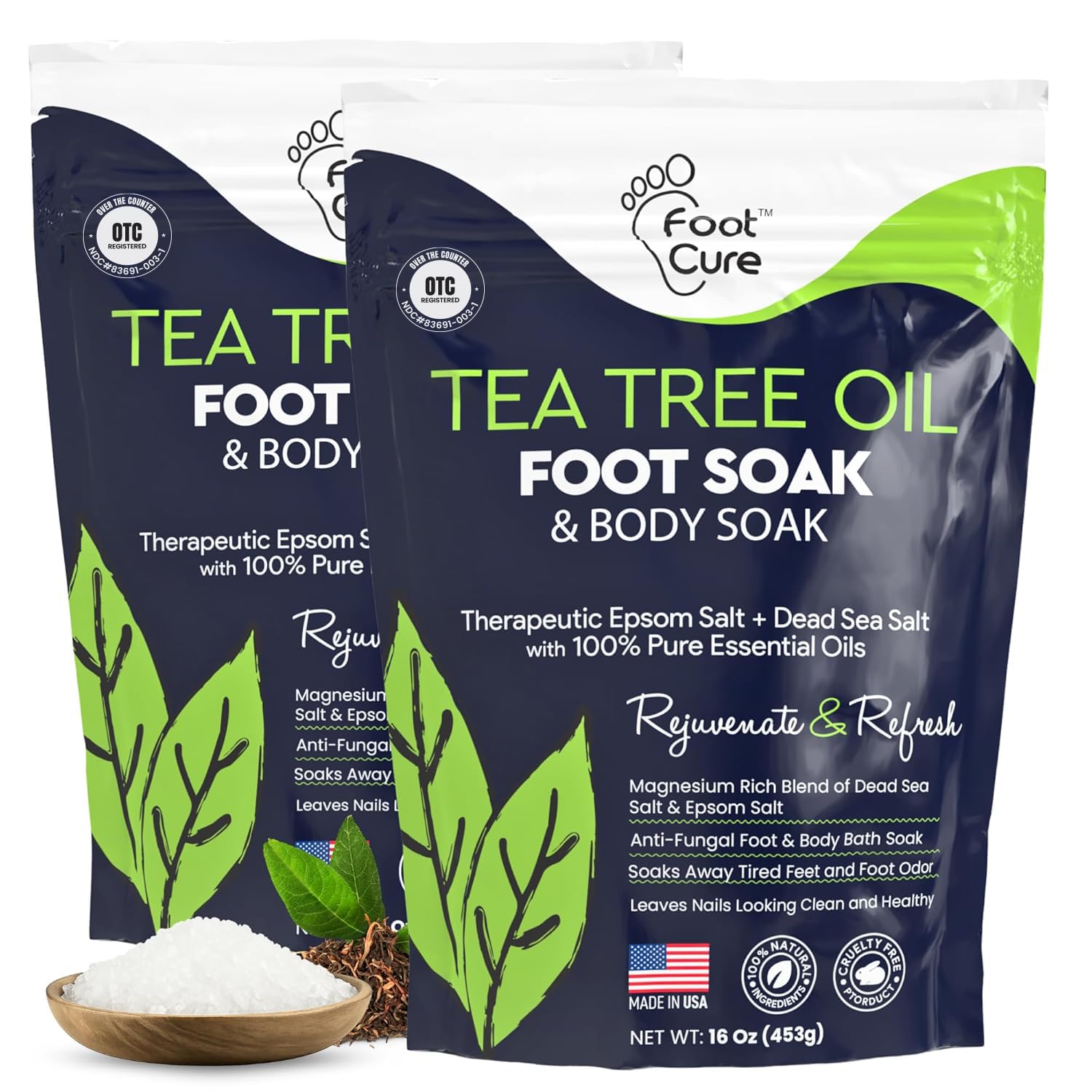 FOOT CURE Tea Tree Oil Foot Soak with Epsom Salt - Best Toenail Fungus Treatment, Athletes Foot & Softens Calluses - Soothes Sore & Tired Feet, Fungal Toe, Foot Odor Scent, Spa Pedicure (Pack of 2) - dailyvitalstore