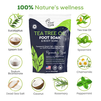 FOOT CURE Tea Tree Oil Foot Soak with Epsom Salt - Best Toenail Fungus Treatment, Athletes Foot & Softens Calluses - Soothes Sore & Tired Feet, Fungal Toe, Foot Odor Scent, Spa Pedicure (Pack of 2) - dailyvitalstore