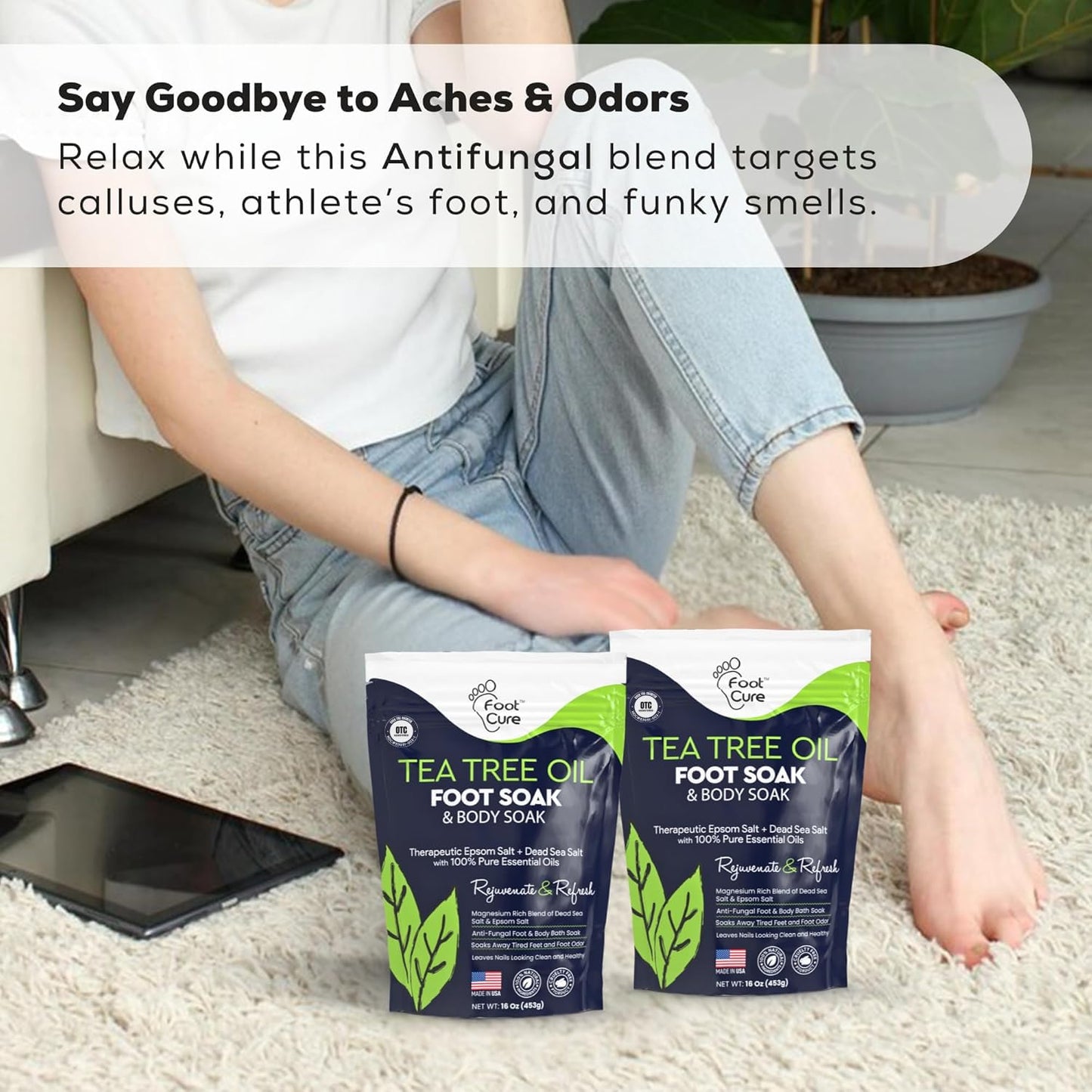 FOOT CURE Tea Tree Oil Foot Soak with Epsom Salt - Best Toenail Fungus Treatment, Athletes Foot & Softens Calluses - Soothes Sore & Tired Feet, Fungal Toe, Foot Odor Scent, Spa Pedicure (Pack of 2) - dailyvitalstore