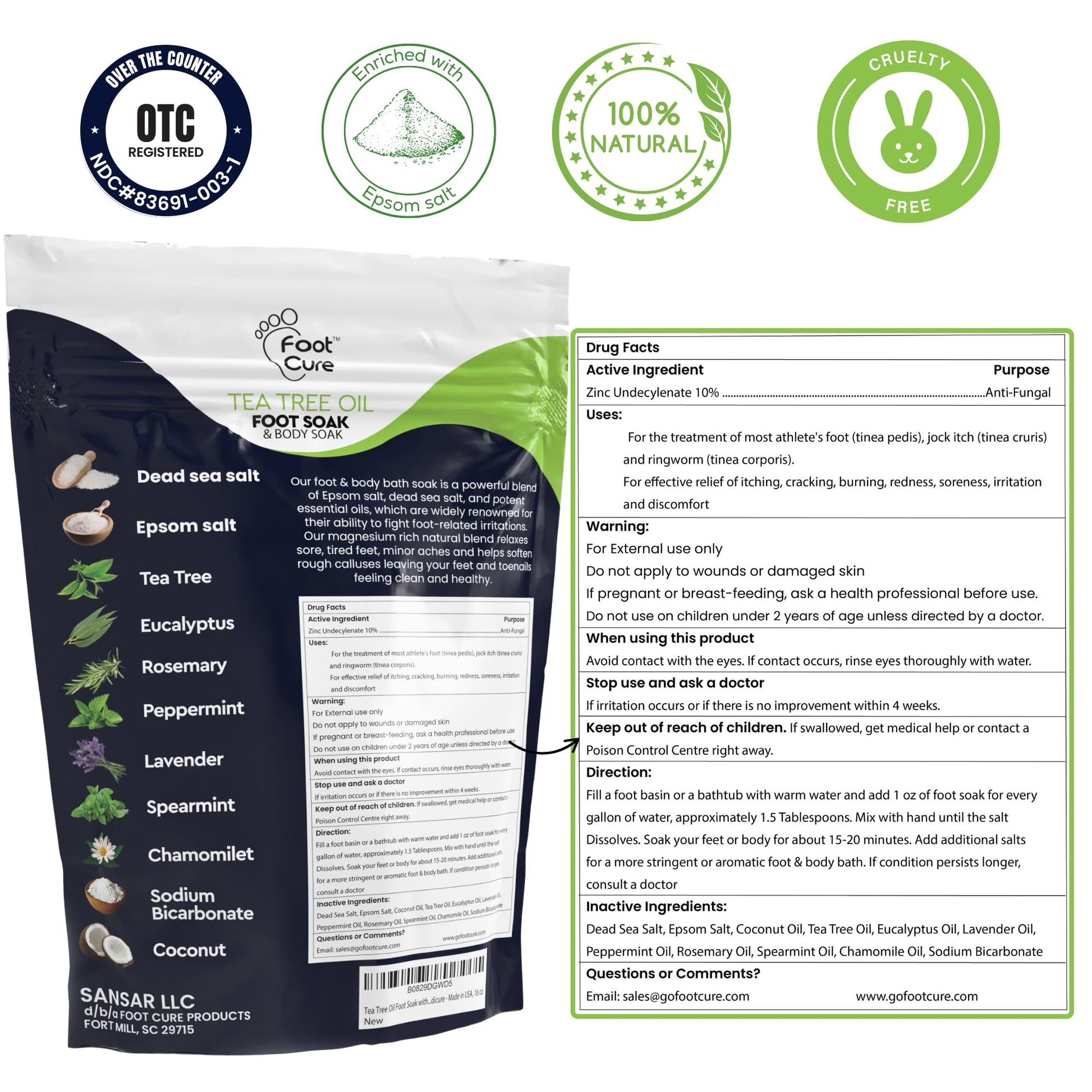 FOOT CURE Tea Tree Oil Foot Soak with Epsom Salt - Best Toenail Fungus Treatment, Athletes Foot & Softens Calluses - Soothes Sore & Tired Feet, Fungal Toe, Foot Odor Scent, Spa Pedicure (Pack of 2) - dailyvitalstore