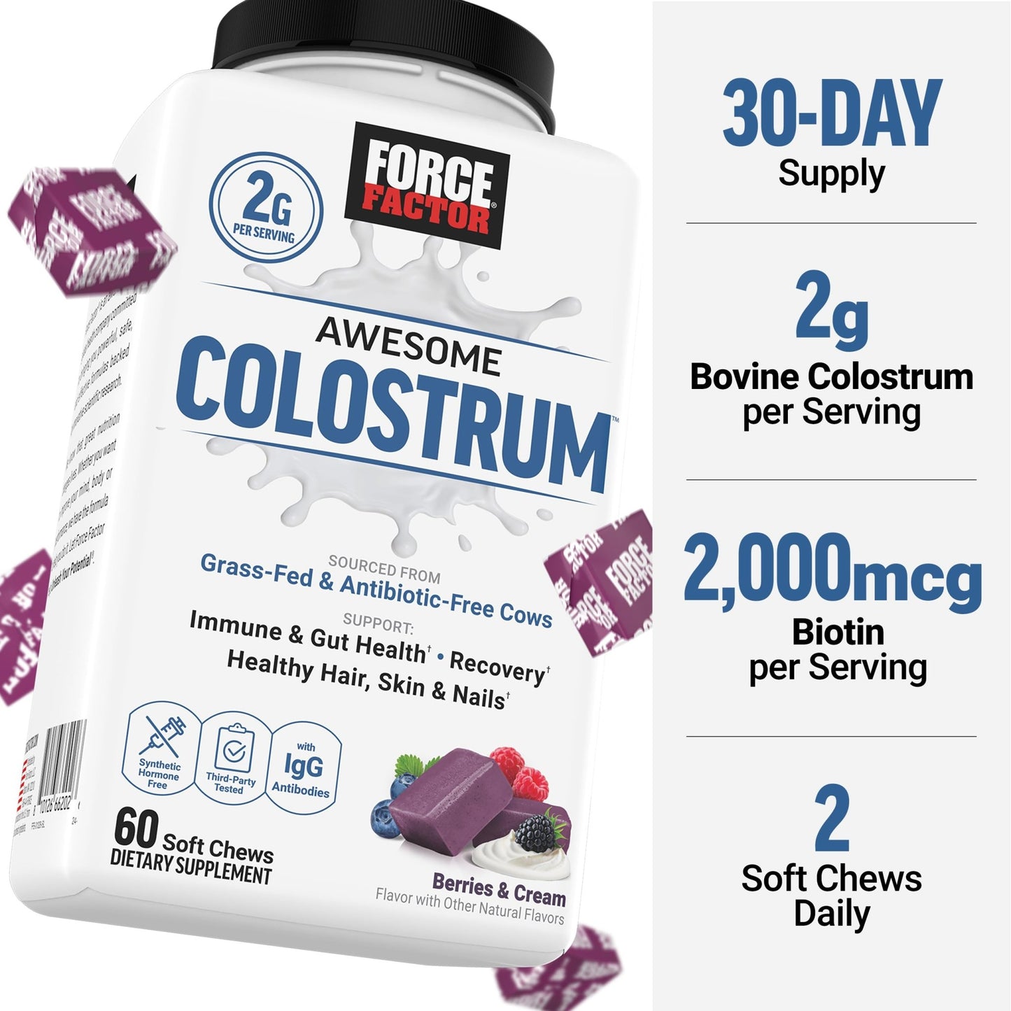 Force Factor Awesome Colostrum Supplement, Berries & Cream, 60 Soft Chews - dailyvitalstore