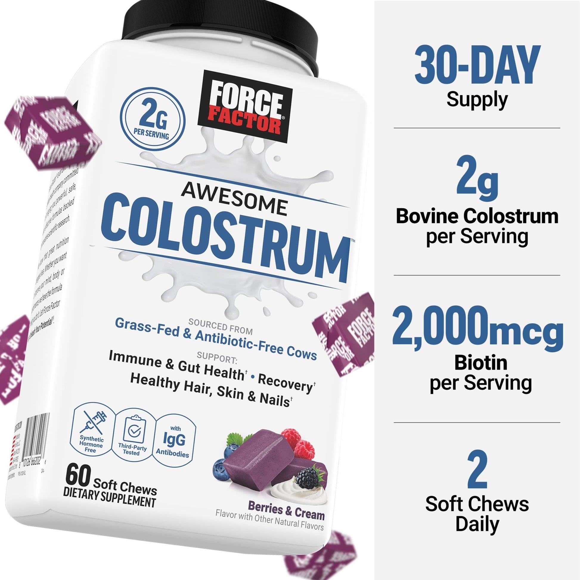 Force Factor Awesome Colostrum Supplement, Berries & Cream, 60 Soft Chews - dailyvitalstore