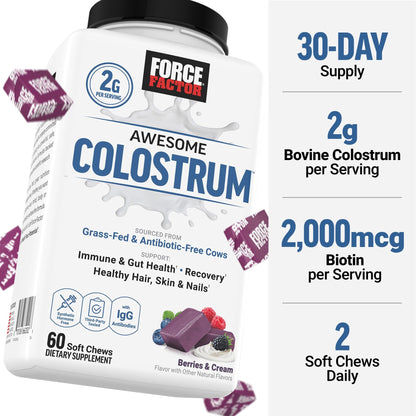 Force Factor Awesome Colostrum Supplement, Berries & Cream, 60 Soft Chews - dailyvitalstore