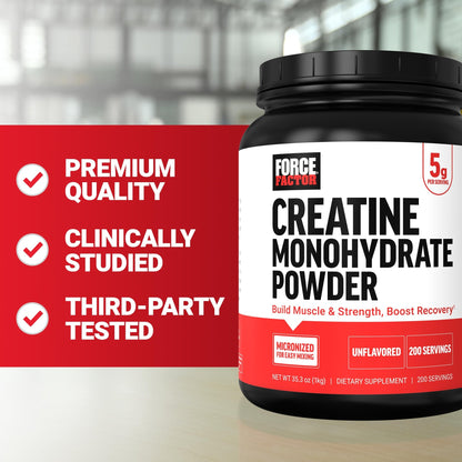 Force Factor Creatine Monohydrate Powder, 5g Micronized Dose to Support Muscle Growth, Strength, Recovery, Cognitive Health & Memory, Unflavored, 200 Servings - dailyvitalstore