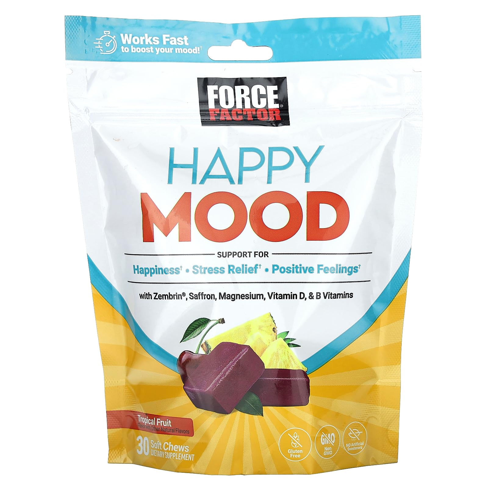 FORCE FACTOR Happy Mood, Mood Support and Mood Balance Supplement to Support Happiness, Positivity, and Stress, Made with Magnesium, Saffron, Zembrin, Non-GMO, Tropical Fruit Flavor, 30 Soft Chews - dailyvitalstore
