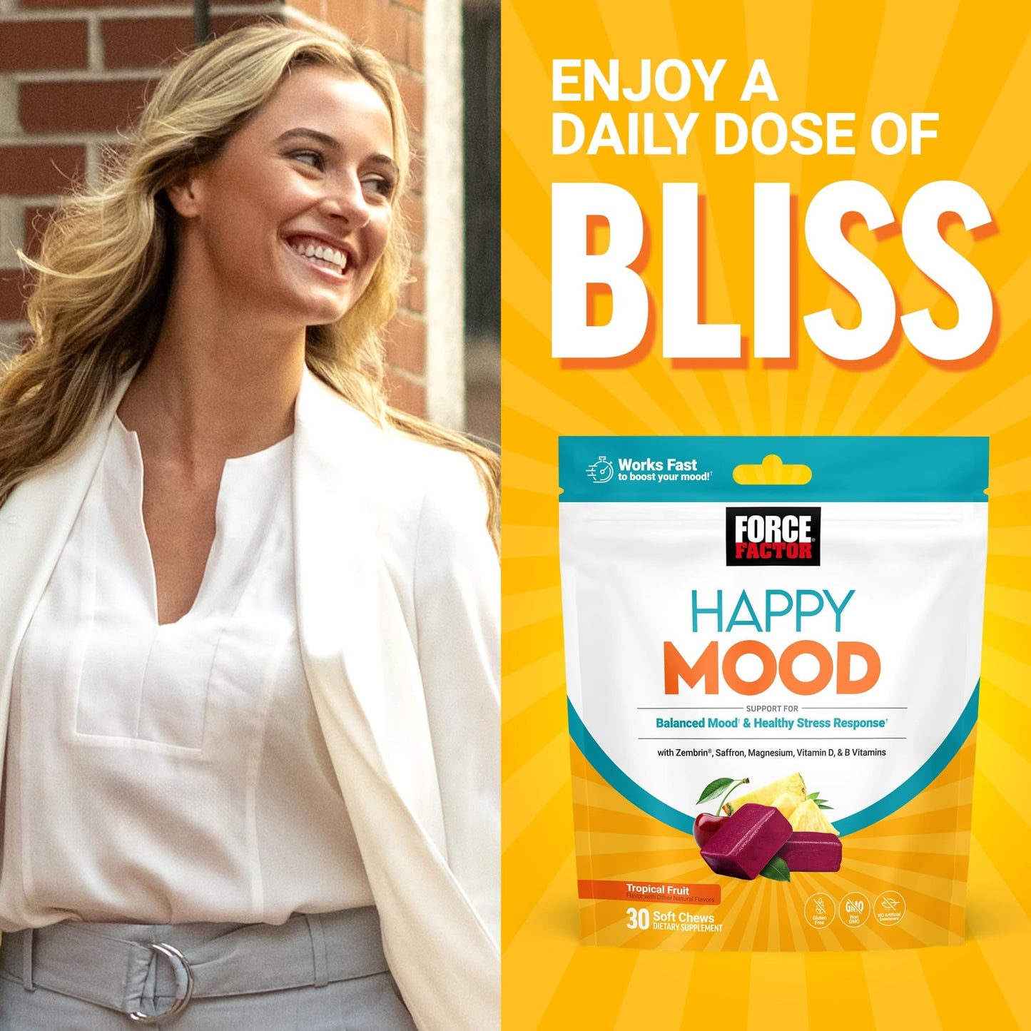 FORCE FACTOR Happy Mood, Mood Support and Mood Balance Supplement to Support Happiness, Positivity, and Stress, Made with Magnesium, Saffron, Zembrin, Non-GMO, Tropical Fruit Flavor, 30 Soft Chews - dailyvitalstore