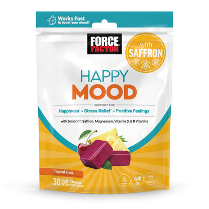 FORCE FACTOR Happy Mood, Mood Support and Mood Balance Supplement to Support Happiness, Positivity, and Stress, Made with Magnesium, Saffron, Zembrin, Non-GMO, Tropical Fruit Flavor, 30 Soft Chews - dailyvitalstore