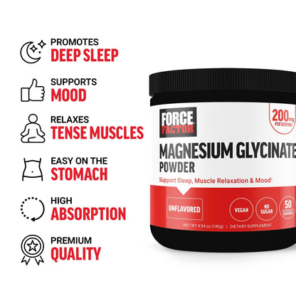 Force Factor Magnesium Glycinate 200mg, Magnesium Supplement for Women and Men to Support Sleep, Muscle Relaxation, and Mood, High Absorption, Vegan, 50 Servings - dailyvitalstore