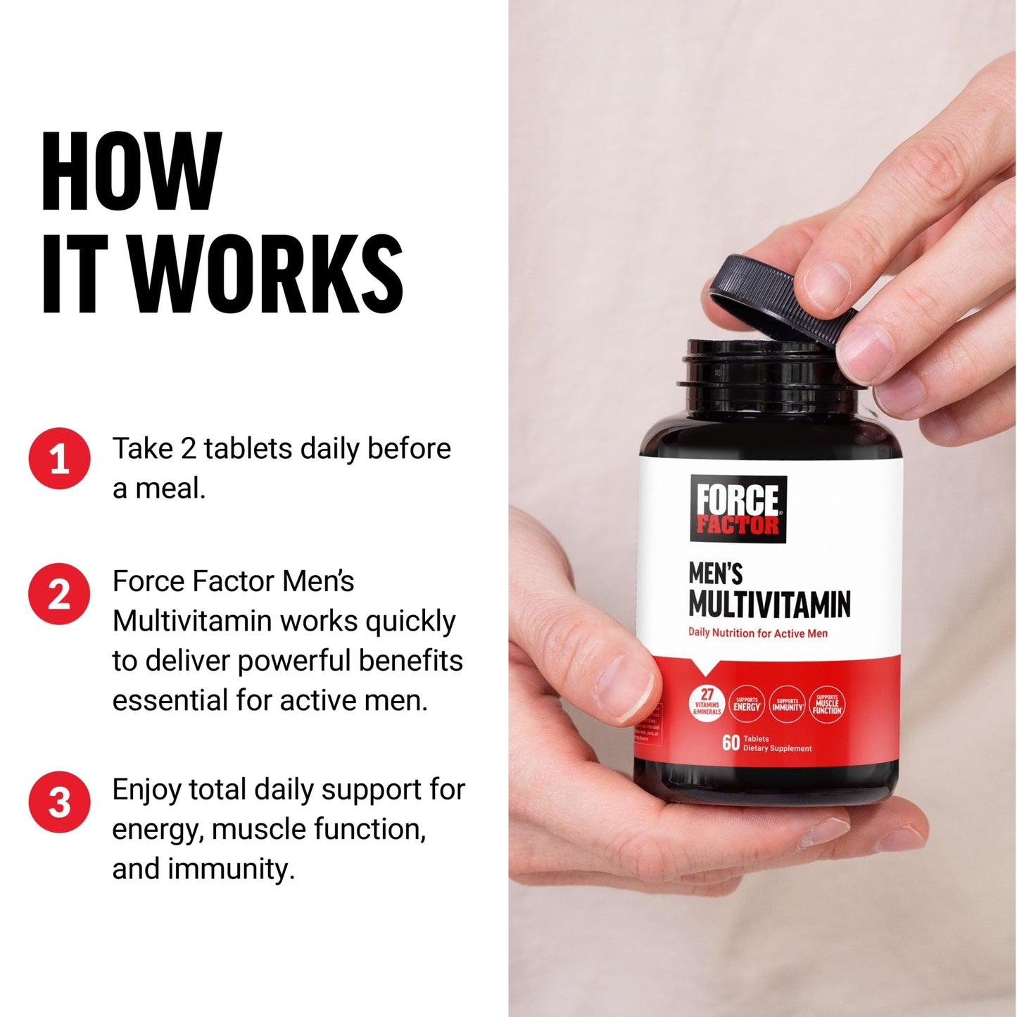 Force Factor Men’s Multivitamins, Multivitamin for Men Plus Amino Acids Supplement with 27 Vitamins and Minerals, and Phytonutrients to Support Energy, and Immunity, 60 Tablets - dailyvitalstore