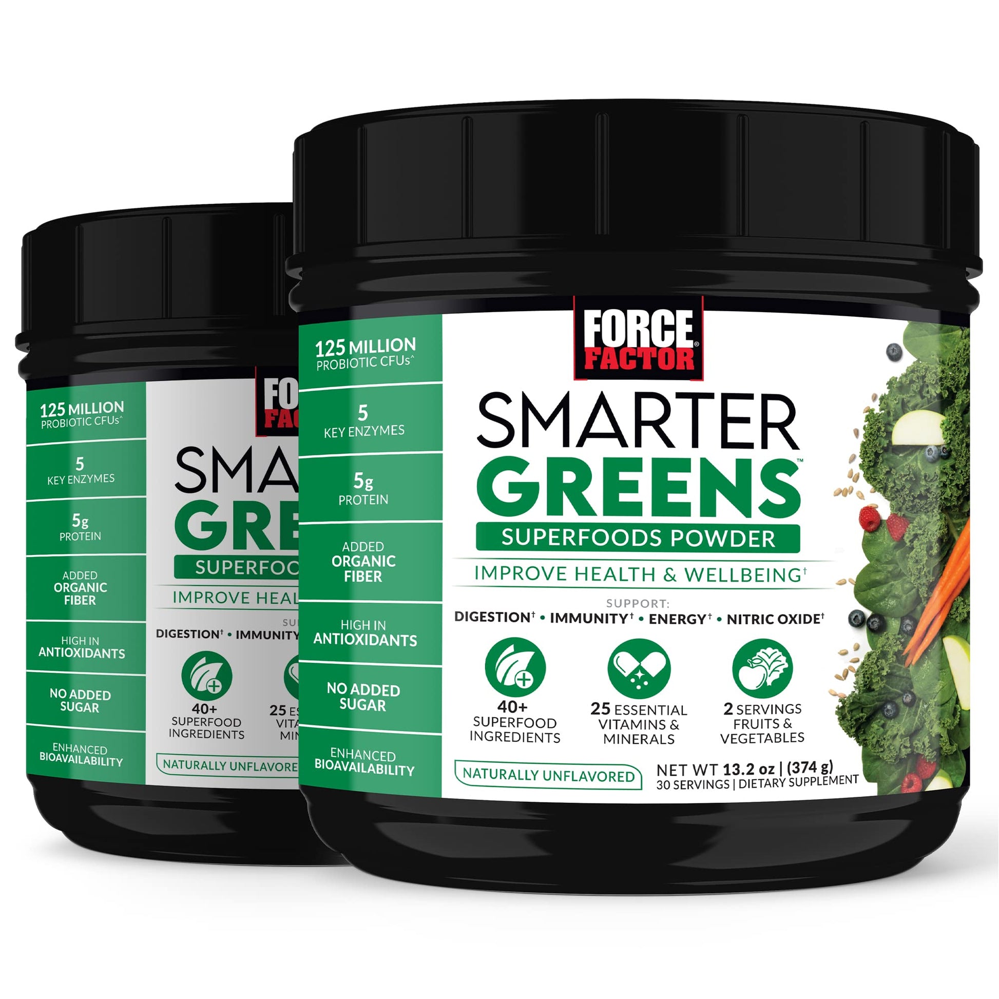 Force Factor Smarter Greens Superfoods Powder, 2-Pack, Supports Digestion and Bloating, Immunity, and Energy, Greens Powder with Probiotics, Digestive Enzymes, Antioxidants, and Fiber, 60 Servings - dailyvitalstore