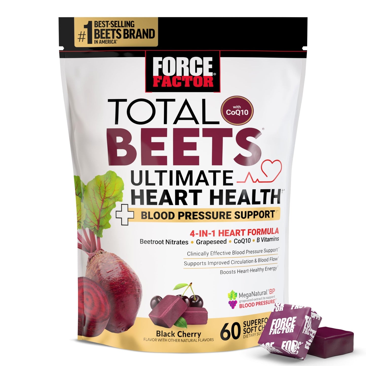 Force Factor Total Beets Ultimate Heart Health Chews for Blood Pressure Support, with Beetroot Powder, CoQ10, B Vitamins & Grapeseed Extract for Blood Flow - dailyvitalstore