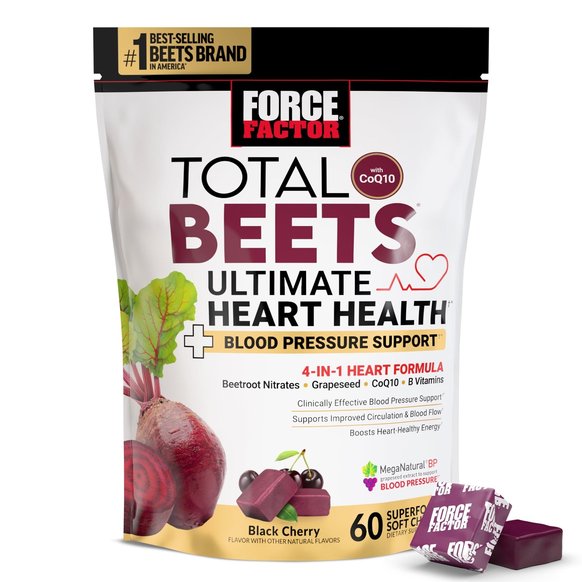 Force Factor Total Beets Ultimate Heart Health Chews for Blood Pressure Support, with Beetroot Powder, CoQ10, B Vitamins & Grapeseed Extract for Blood Flow - dailyvitalstore
