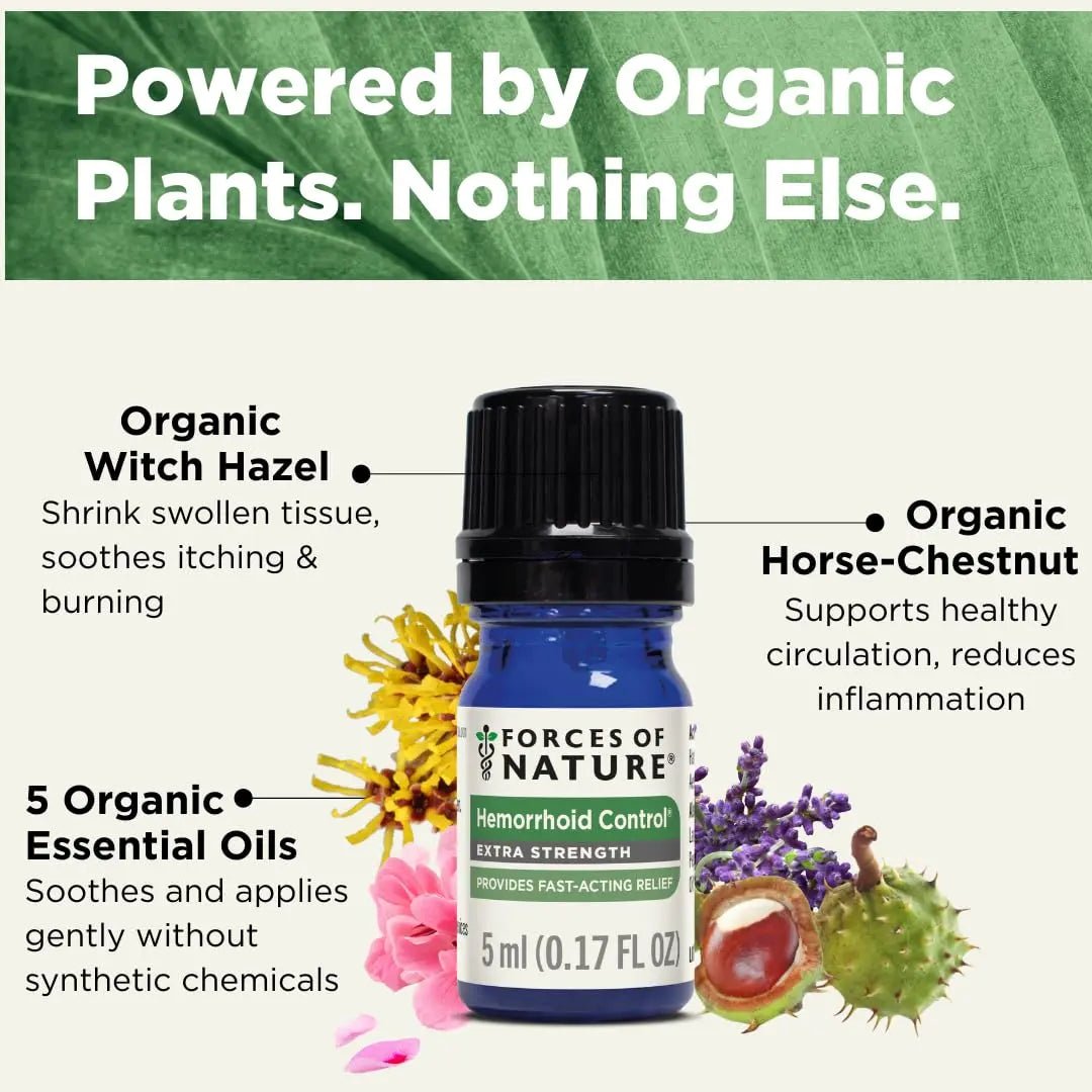 Forces of Nature Hemorrhoid Control Extra Strength, Organic Homeopathic Medicine with Witch Hazel, Horse Chestnut, and Soothing Essential Oils for Itching, Swelling & Discomfort, 5ml (0.17 fl oz) - dailyvitalstore