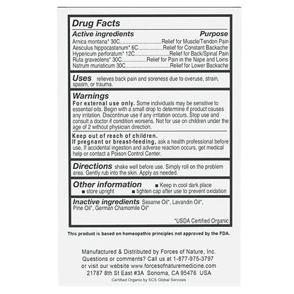 Forces of Nature Natural, Organic Back Pain Relief, w/Arnica & St John's Wort, Fast Acting Anti-Inflammatory Topical Muscle Soother for Lower Back, Sciatica, Neck, Non-GMO, Cruelty-Free, 0.14 Fl Oz - dailyvitalstore