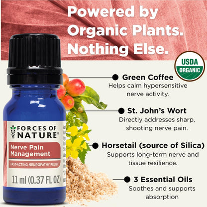 Forces of Nature Nerve Pain Management, Organic Topical Relief for Neuropathy & Nerve Discomfort, Homeopathic Medicine Supports Relief from Shooting Pains for Back, Hands, Legs and Feet, .37 fl oz - dailyvitalstore