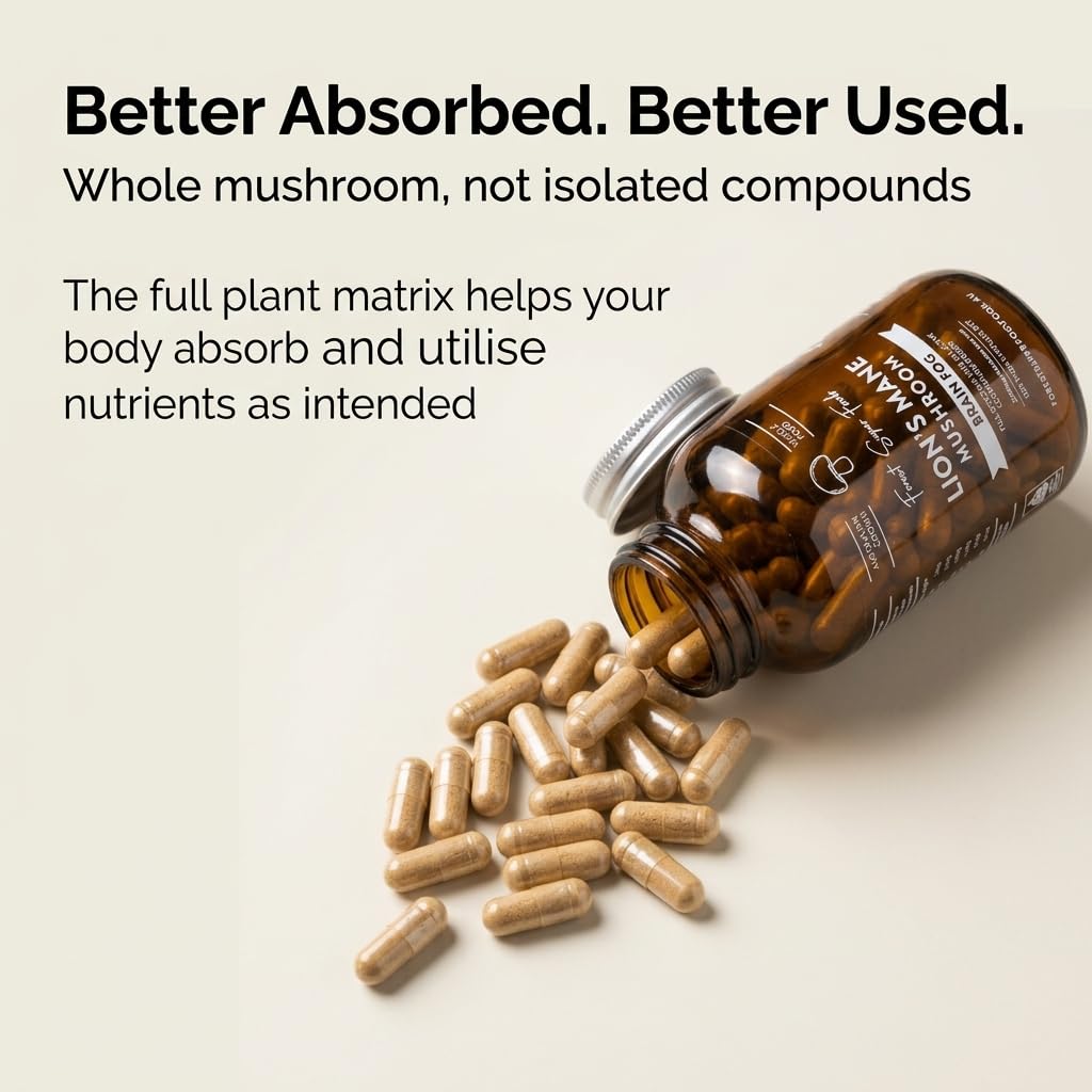 Forest Super Foods Lions Mane Supplement Capsules (120 Capsules) Organic Lions Mane Mushroom | Memory Lift Brain Supplement for Focus and Productivity. Lion Mane, Grown & Made in Australia - dailyvitalstore