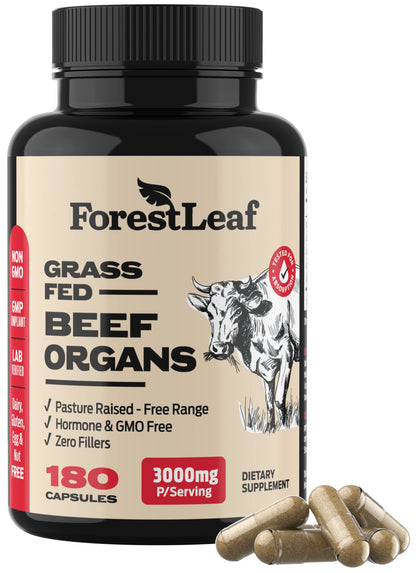 ForestLeaf Beef Organ Supplement - Grass Fed & Pasture Raised - Total Body Wellness & Performance, Organ Complex with 3000mg of Desiccated Beef Liver, Heart, Kidney, Pancreas, Spleen (180 Capsules) - dailyvitalstore