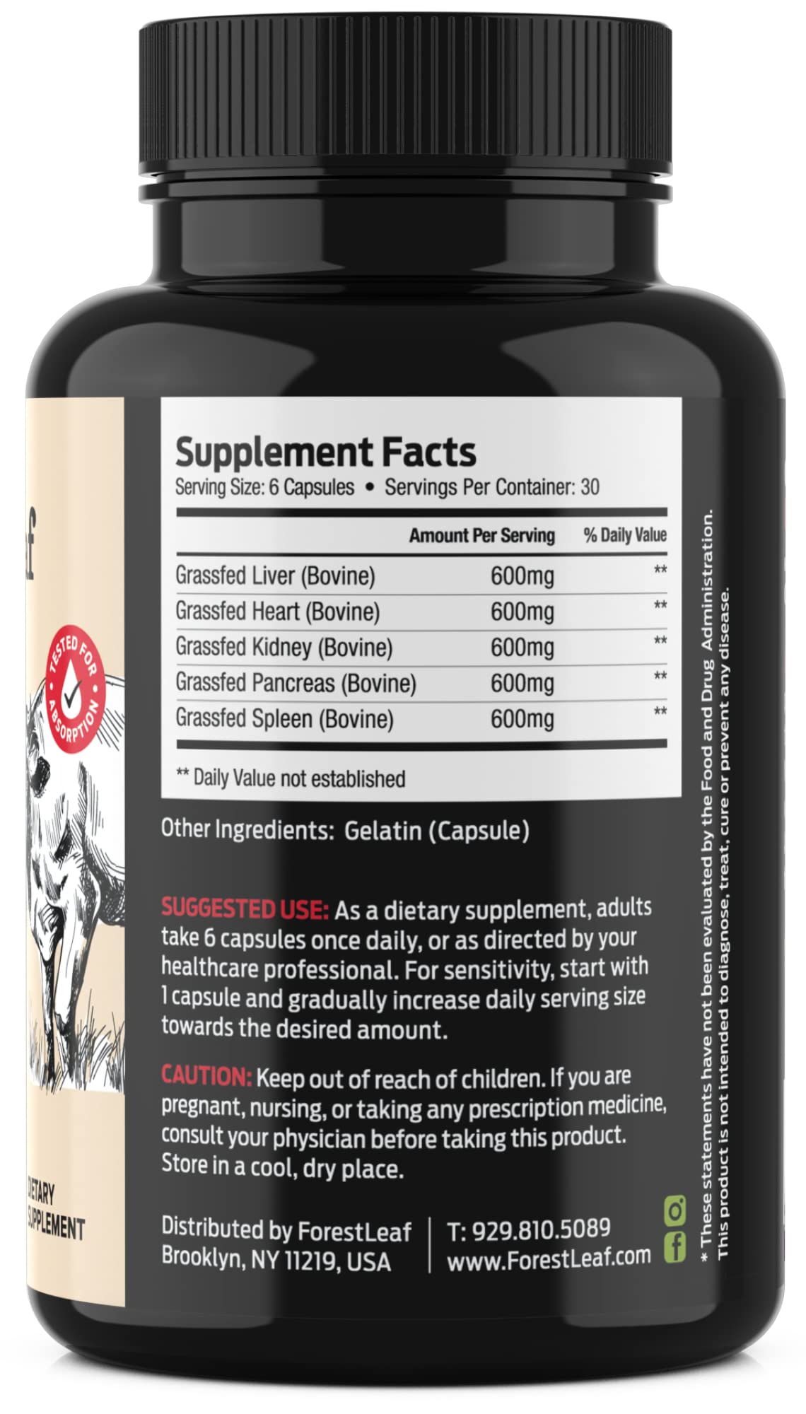 ForestLeaf Beef Organ Supplement - Grass Fed & Pasture Raised - Total Body Wellness & Performance, Organ Complex with 3000mg of Desiccated Beef Liver, Heart, Kidney, Pancreas, Spleen (180 Capsules) - dailyvitalstore