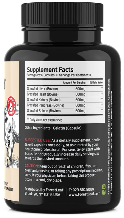 ForestLeaf Beef Organ Supplement - Grass Fed & Pasture Raised - Total Body Wellness & Performance, Organ Complex with 3000mg of Desiccated Beef Liver, Heart, Kidney, Pancreas, Spleen (180 Capsules) - dailyvitalstore
