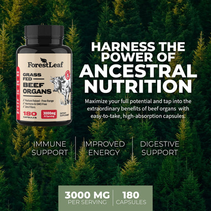 ForestLeaf Beef Organ Supplement - Grass Fed & Pasture Raised - Total Body Wellness & Performance, Organ Complex with 3000mg of Desiccated Beef Liver, Heart, Kidney, Pancreas, Spleen (180 Capsules) - dailyvitalstore