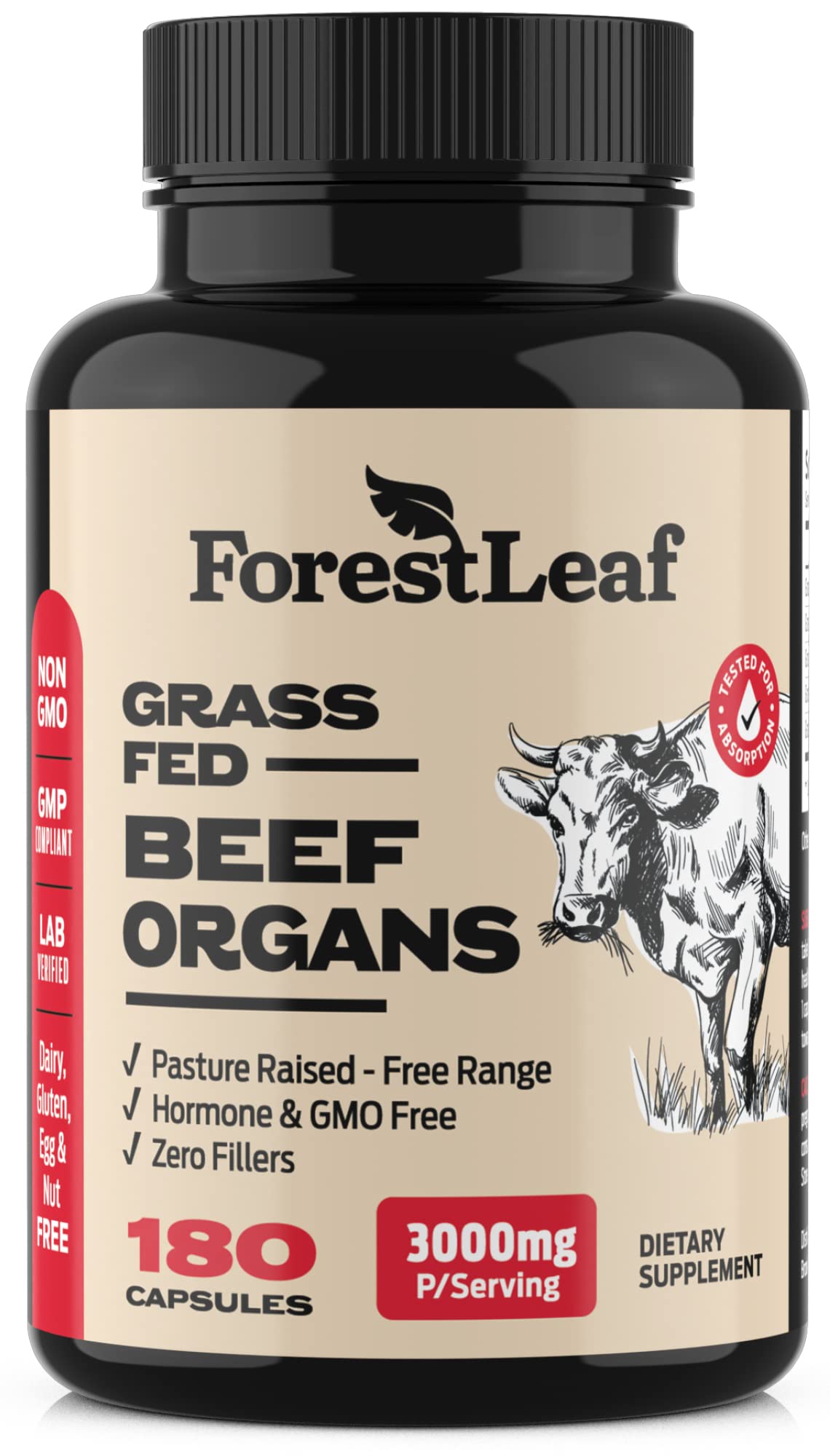 ForestLeaf Beef Organ Supplement - Grass Fed & Pasture Raised - Total Body Wellness & Performance, Organ Complex with 3000mg of Desiccated Beef Liver, Heart, Kidney, Pancreas, Spleen (180 Capsules) - dailyvitalstore