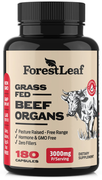 ForestLeaf Beef Organ Supplement - Grass Fed & Pasture Raised - Total Body Wellness & Performance, Organ Complex with 3000mg of Desiccated Beef Liver, Heart, Kidney, Pancreas, Spleen (180 Capsules) - dailyvitalstore