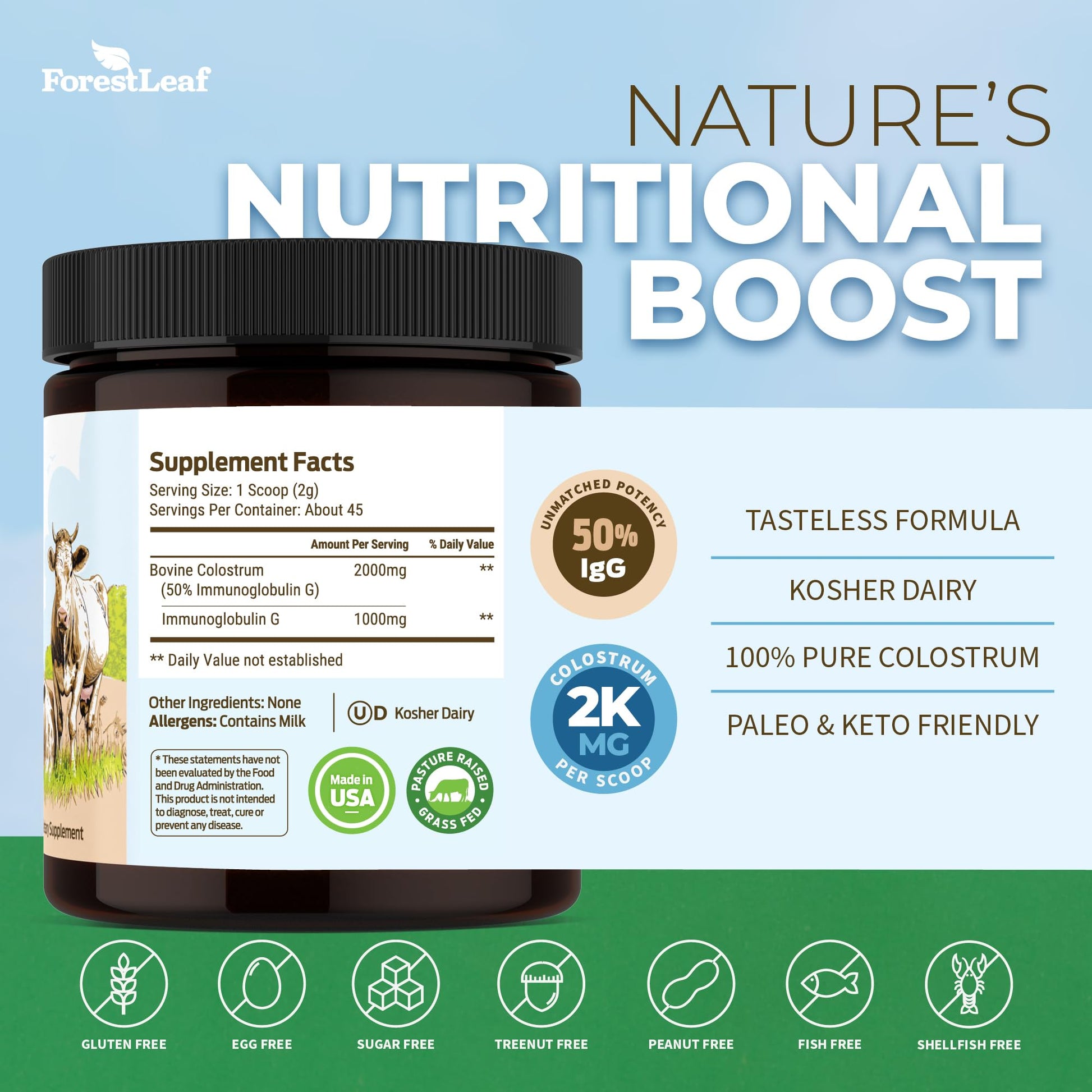ForestLeaf Colostrum Powder 50% IgG Highest Pure Concentration, Grass Fed Colostrum Supplement for Gut Health, Immune Support and Muscle Recovery, - dailyvitalstore