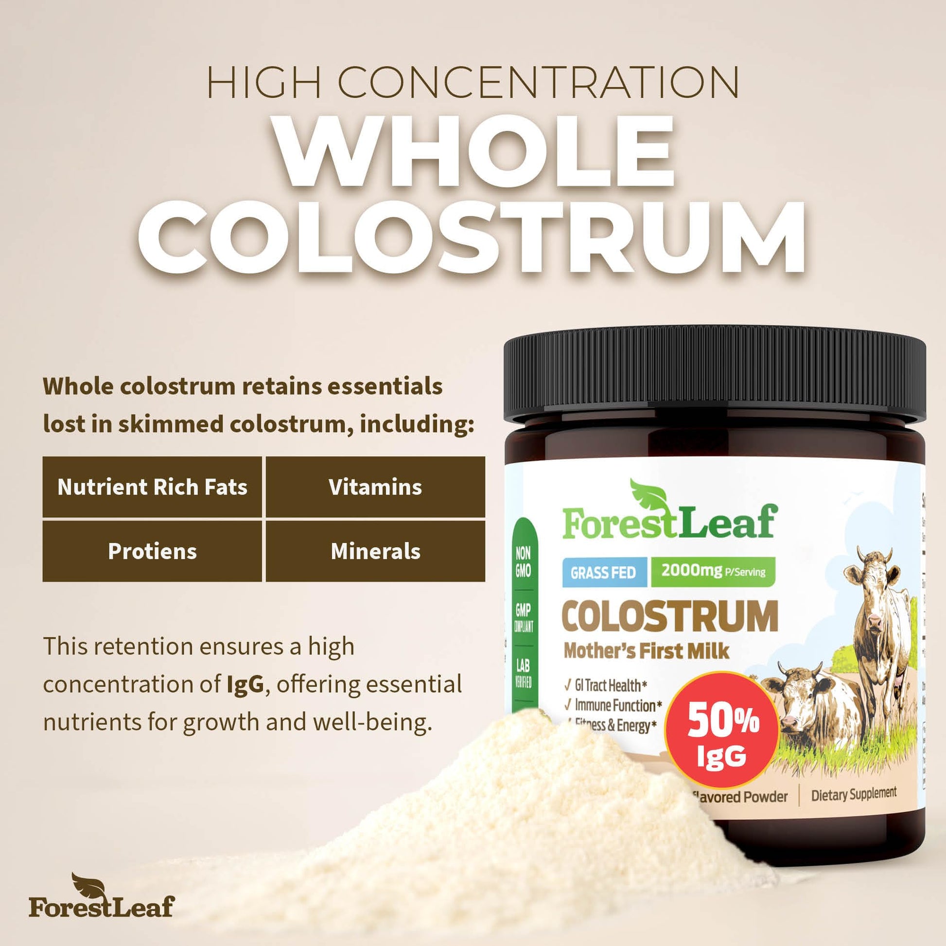 ForestLeaf Colostrum Powder 50% IgG Highest Pure Concentration, Grass Fed Colostrum Supplement for Gut Health, Immune Support and Muscle Recovery, - dailyvitalstore