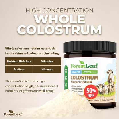 ForestLeaf Colostrum Powder 50% IgG Highest Pure Concentration, Grass Fed Colostrum Supplement for Gut Health, Immune Support and Muscle Recovery, - dailyvitalstore