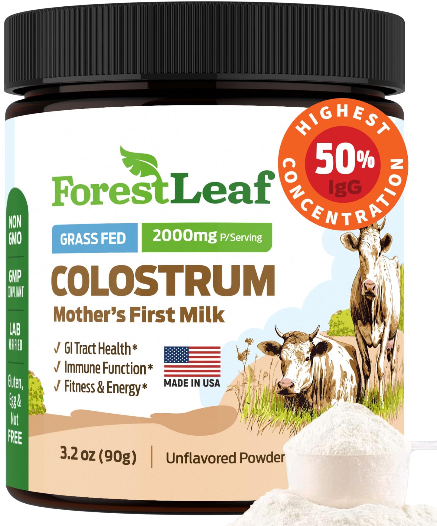 ForestLeaf Colostrum Powder 50% IgG Highest Pure Concentration, Grass Fed Colostrum Supplement for Gut Health, Immune Support and Muscle Recovery, - dailyvitalstore