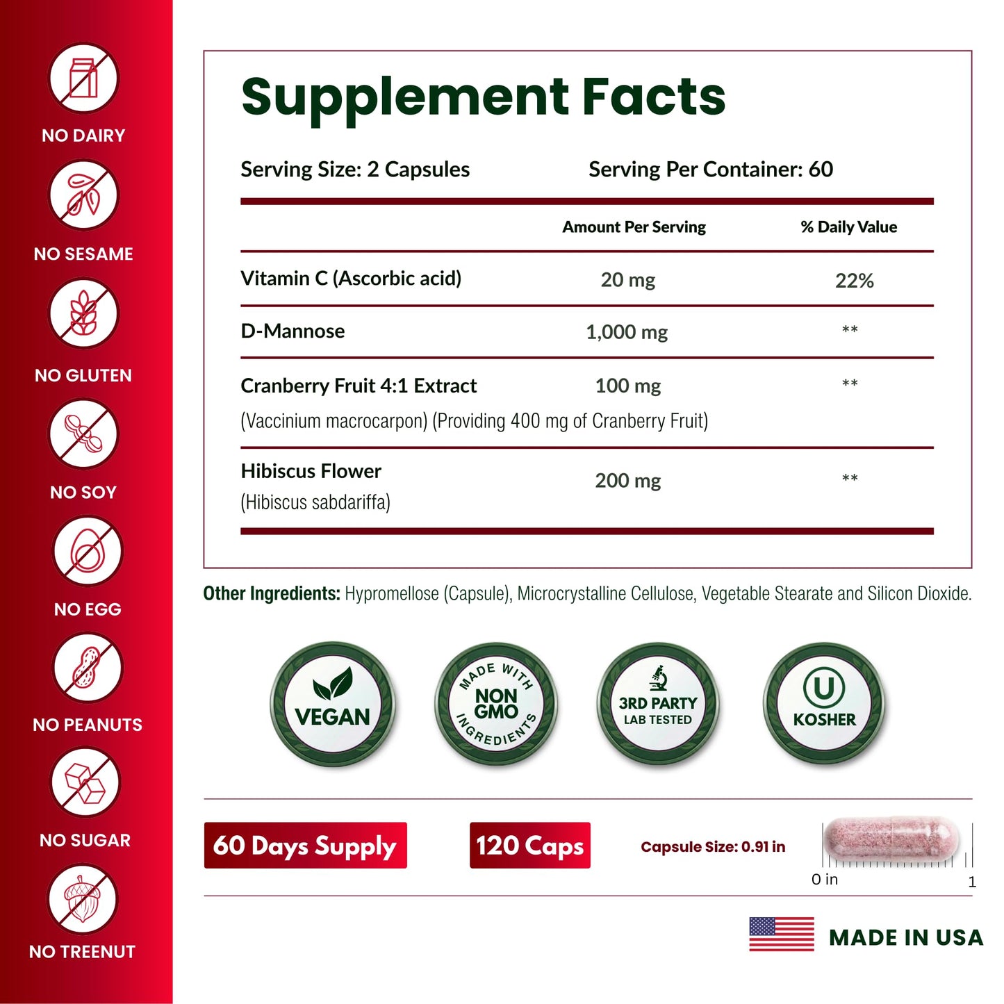ForestLeaf D Mannose Supplements for Women & Men - D-Mannose 1000mg Capsules with Cranberry, Hibiscus & VIT C - DMannose Pills for UTI, Urinary Tract & Bladder Support - 120 Caps - dailyvitalstore