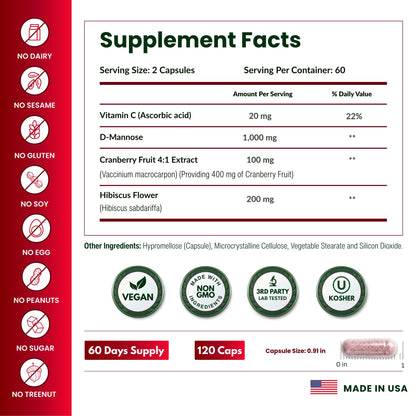 ForestLeaf D Mannose Supplements for Women & Men - D-Mannose 1000mg Capsules with Cranberry, Hibiscus & VIT C - DMannose Pills for UTI, Urinary Tract & Bladder Support - 120 Caps - dailyvitalstore