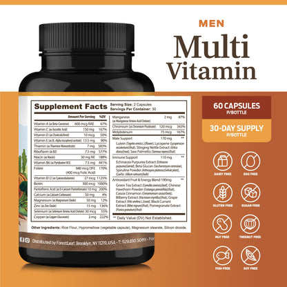 ForestLeaf Daily Vitamin Multivitamin for Men, Multi-Vitamin for Men - Mens Multivitamins & Multiminerals Supplement | All Essential Vitamins Needed for Health, Longevity & Energy | 60 Veg Caps - dailyvitalstore
