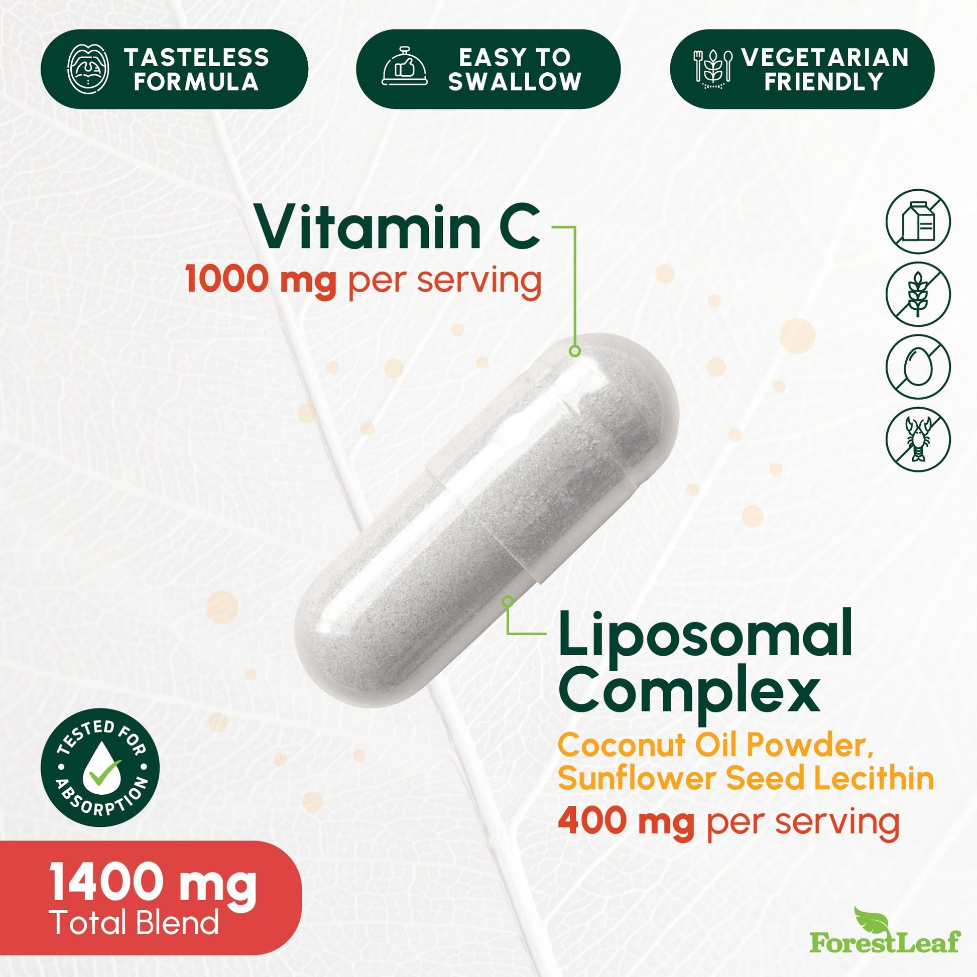ForestLeaf Liposomal Vitamin C 1400mg Capsules | High Dose Vitamin C Liposomal Supplement w Coconut Oil Fatty Acids | Fast Absorption | Immune Support, Antioxidant, - dailyvitalstore