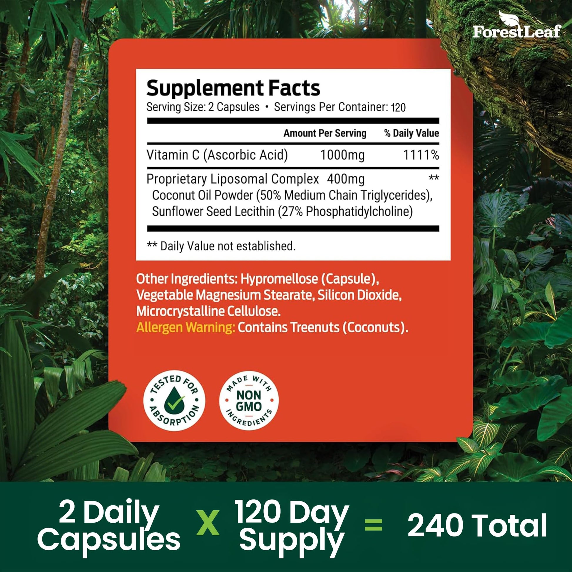 ForestLeaf Liposomal Vitamin C 1400mg Capsules | High Dose Vitamin C Liposomal Supplement w Coconut Oil Fatty Acids | Fast Absorption | Immune Support, Antioxidant, - dailyvitalstore
