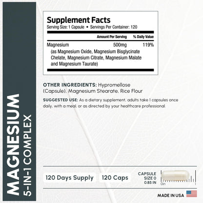 ForestLeaf Magnesium Complex for Women and Men - 500mg Magnesium Supplement for Sleep - 5-in-1 Chelated Magnesium Citrate, Bisglycinate, Malate, Taurate, Oxide (120 Ct) - dailyvitalstore