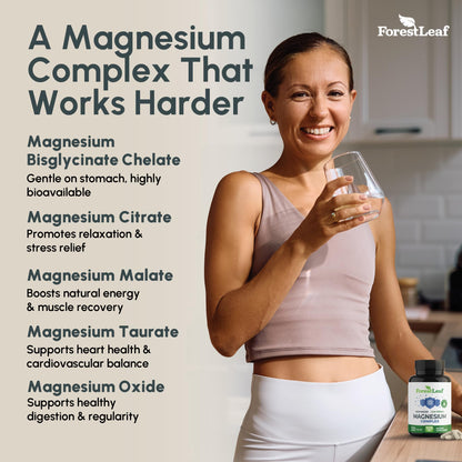ForestLeaf Magnesium Complex for Women and Men - 500mg Magnesium Supplement for Sleep - 5-in-1 Chelated Magnesium Citrate, Bisglycinate, Malate, Taurate, Oxide (120 Ct) - dailyvitalstore