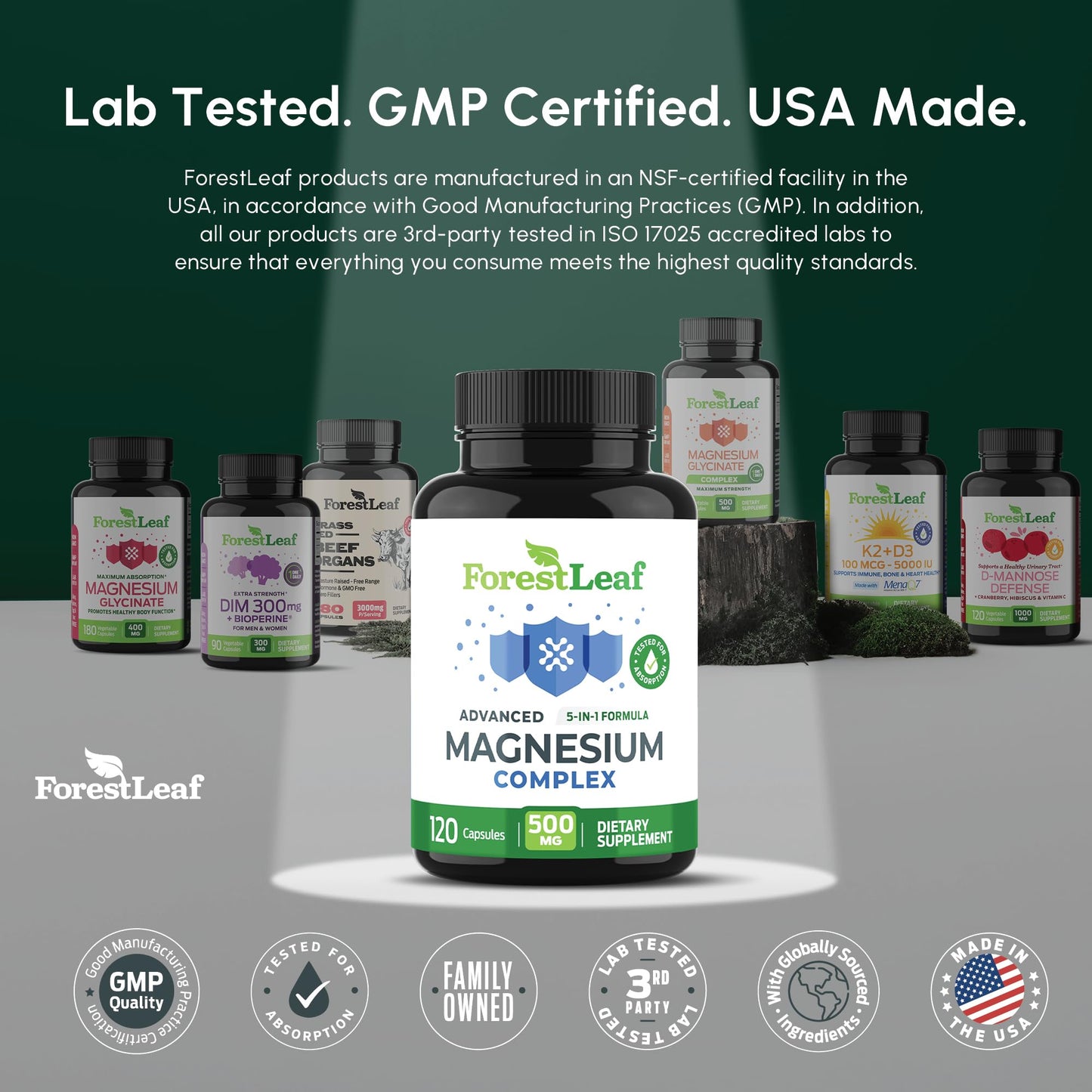 ForestLeaf Magnesium Complex for Women and Men - 500mg Magnesium Supplement for Sleep - 5-in-1 Chelated Magnesium Citrate, Bisglycinate, Malate, Taurate, Oxide (120 Ct) - dailyvitalstore