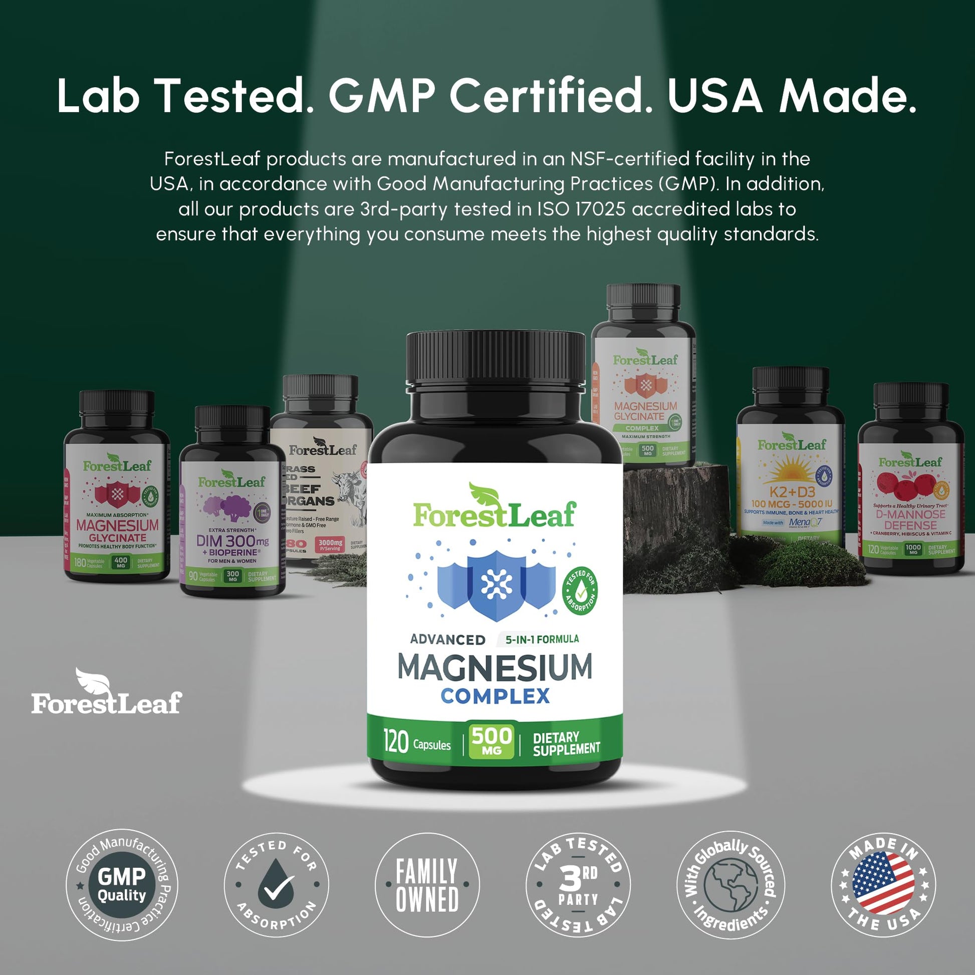 ForestLeaf Magnesium Complex for Women and Men - 500mg Magnesium Supplement for Sleep - 5-in-1 Chelated Magnesium Citrate, Bisglycinate, Malate, Taurate, Oxide (120 Ct) - dailyvitalstore
