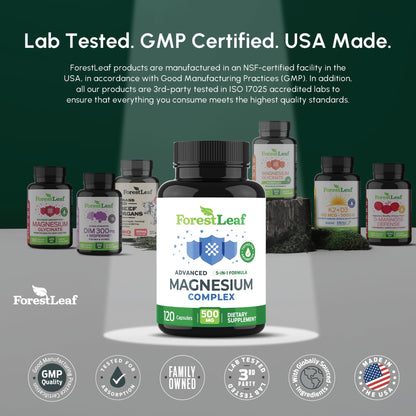 ForestLeaf Magnesium Complex for Women and Men - 500mg Magnesium Supplement for Sleep - 5-in-1 Chelated Magnesium Citrate, Bisglycinate, Malate, Taurate, Oxide (120 Ct) - dailyvitalstore