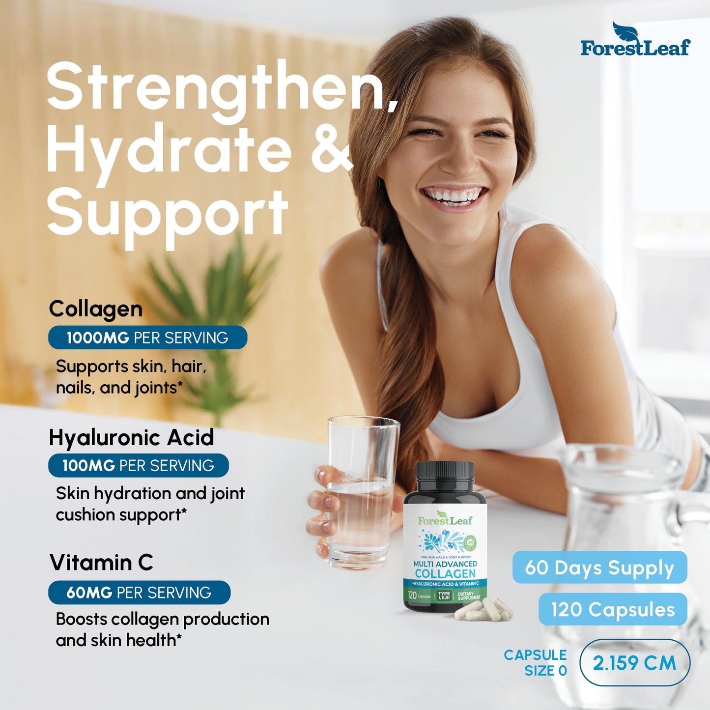 ForestLeaf Multi Collagen Pills with Hyaluronic Acid + Vitamin C | Hydrolyzed Collagen Supplements for Women or Men | Multi Collagen Capsules Peptides for Skin, Wrinkles, 120 Caps - dailyvitalstore