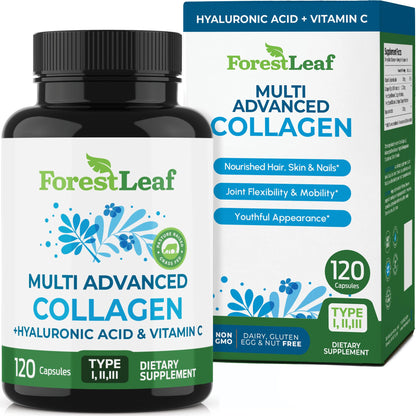 ForestLeaf Multi Collagen Pills with Hyaluronic Acid + Vitamin C | Hydrolyzed Collagen Supplements for Women or Men | Multi Collagen Capsules Peptides for Skin, Wrinkles, 120 Caps - dailyvitalstore