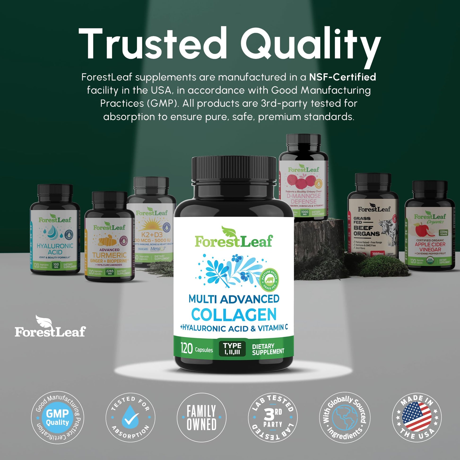 ForestLeaf Multi Collagen Pills with Hyaluronic Acid + Vitamin C | Hydrolyzed Collagen Supplements for Women or Men | Multi Collagen Capsules Peptides for Skin, Wrinkles, 120 Caps - dailyvitalstore