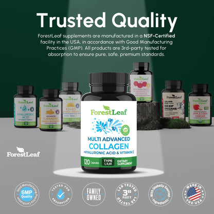 ForestLeaf Multi Collagen Pills with Hyaluronic Acid + Vitamin C | Hydrolyzed Collagen Supplements for Women or Men | Multi Collagen Capsules Peptides for Skin, Wrinkles, 120 Caps - dailyvitalstore